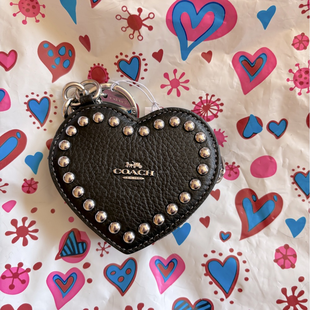 COACH BLACK STUDDED HEART COIN PURSE KEYCHAIN NWOT